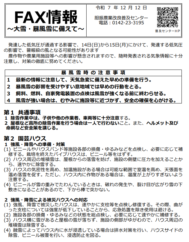 【胆振管内】12月14日(日)～15日(月)大雪や暴風雪に備えて